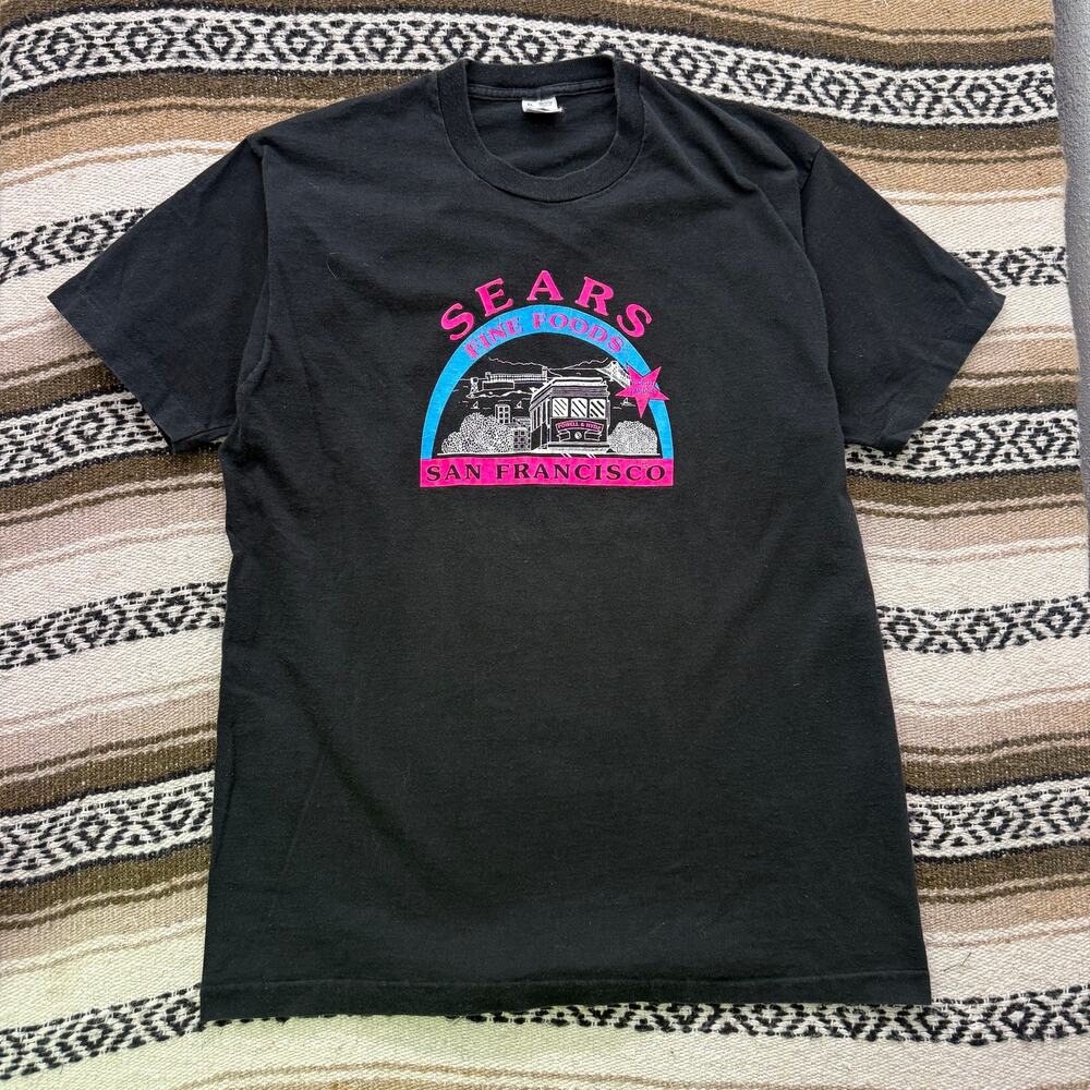 Men's Vintage 90's Sears Fine Food San Francisco Black Pink Tee Shirt Sz XL VTG